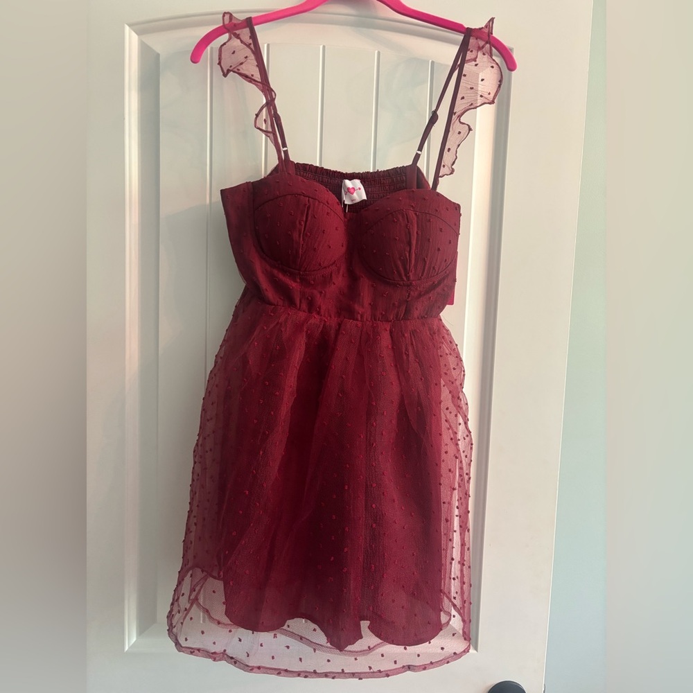 Buddy Love Maroon Mesh Polka Dot Mini Dress